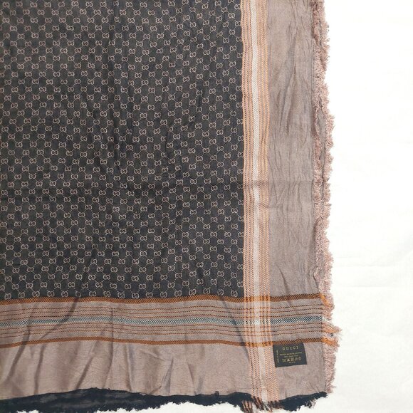 Gucci Vintage Brown Dual-Tone Monogram Orange Stripe Reversible Shawl Wrap Scarf - Picture 12 of 16